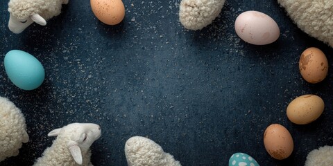 Fototapeta premium Holiday Easter card with content sheep and Easter eggs on a dark surface perfect for adding text
