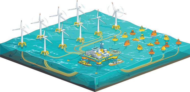Isometric offshore wind farm and marine renewable energy vector illustration featuring sea turbines electrical substation platform underwater cables and wave buoy farm.