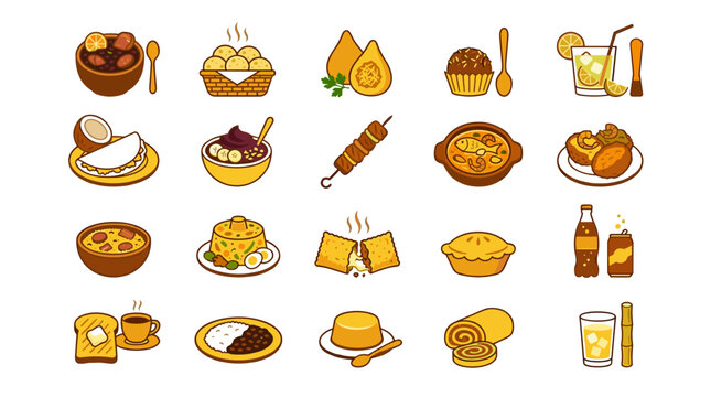 Brazilian Cuisine Icon Set, Traditional Food and Drinks Flat Vector Illustrations