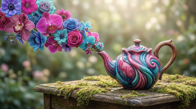 Vibrant teapot emits blooming flowers in swirling hues. Colorful petals cascade from spout like living art. Moss-covered wooden table anchors whimsical scene