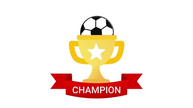 A flat animation golden trophy cup with a soccer ball inside and a red ribbon displaying the text champion on a clean white background.