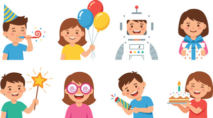 Fototapeta premium Children Party Celebration Icon Set Featuring Balloons, Gifts, Costumes, Cake, Magic Wand, and Festive Activities
