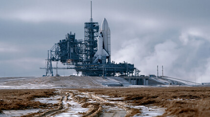 A generic ultra-modern spaceport facility featuring a massive heavy industrial launch pad structure and clean steel gantries integrated into a flat sunlit coastal landscape. Shot o