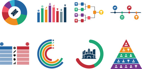 Obraz premium Colorful Infographic Icon Set Featuring Charts, Diagrams, Timelines, Lists, Pyramid, and Data Visualization Elements