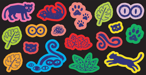 Fototapeta premium Colorful jungle animal and plant-themed stickers on a black background, featuring cats, paws, leaves, and abstract shapes in a vibrant, playful style.