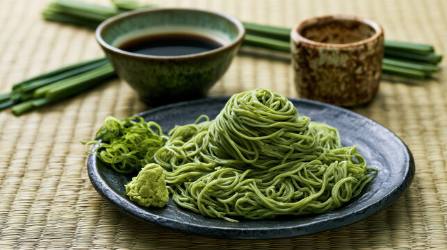 chilled japanese cha soba with green tea food photography