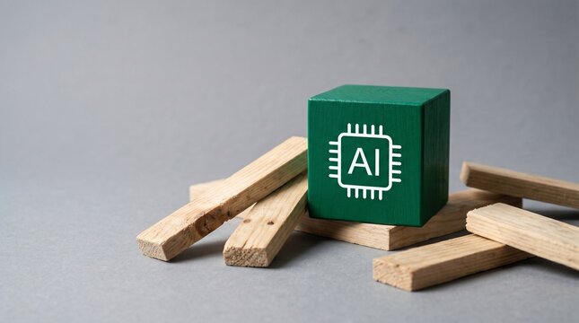 Artificial Intelligence Symbol on Green Block with Wooden Bricks Over Grey Space