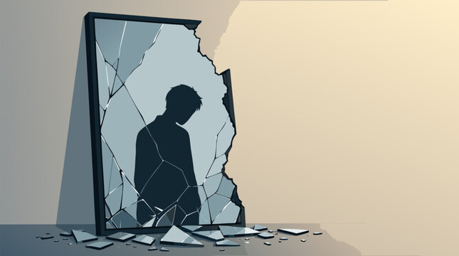 Concept flat vector illustration of a broken mirror reflecting a sad and lonely faceless silhouette, representing depression, fragile identity, low self-esteem, and emotional distress.
