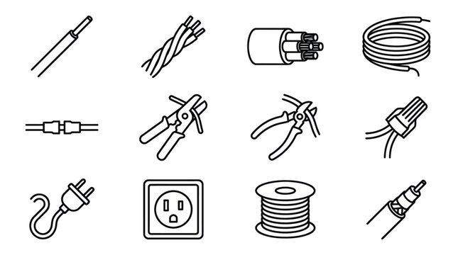 Electrical wiring installation and hand tools icons.