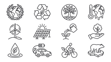 Environmental protection and global warming sustainability line icons. © ULFAITA