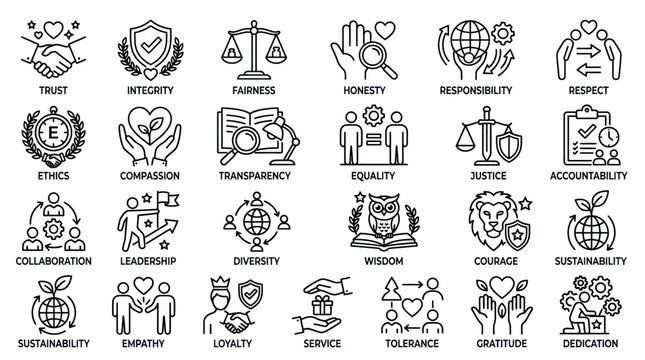 Ethical values and corporate social responsibility icons.