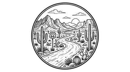 Winding desert highway with saguaro cacti and mountains in a circle © tuyun
