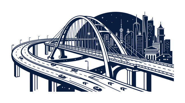 Urban highway overpass and arched bridge with city skyline silhouette