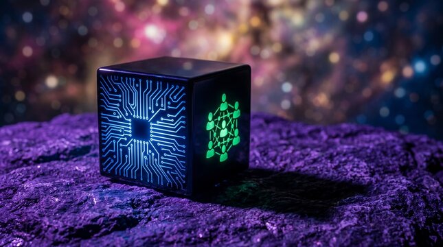 Futuristic Data Cube with Integrated Circuit Patterns on a Rocky Alien Landscape