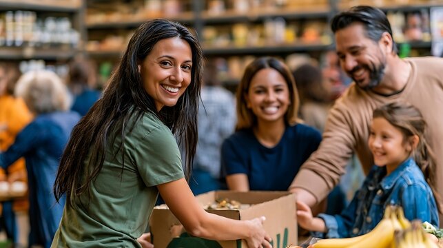 Diverse group of people volunteering at a food bank, packing groceries for donation.