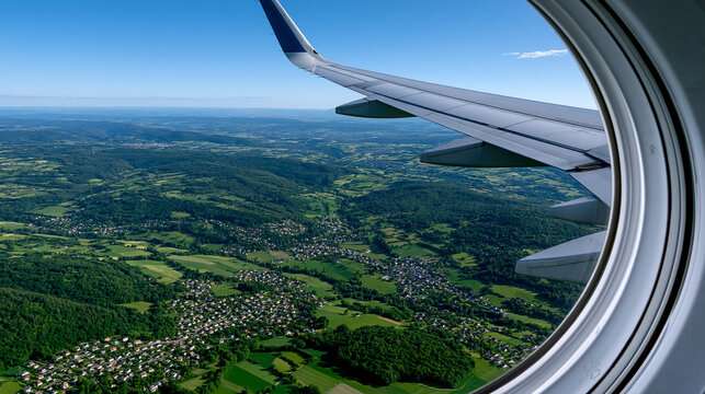 photo taken through an airplane window just after takeoff, looking down at the patchwork of green fields and tiny suburban houses shrinking below. The plastic window frame is visib