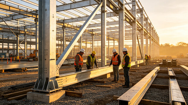 joists. Construction site with workers inspecting steel joists, morning light. safety posters, maintenance manuals, designed for precision metalworking and fabrication facilities.