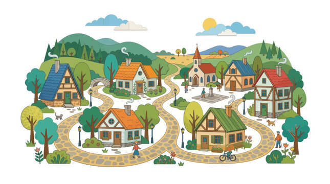 Idyllic countryside town with small houses and winding stone roads