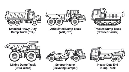 Construction and mining dump truck types technical line art icons © tuyun