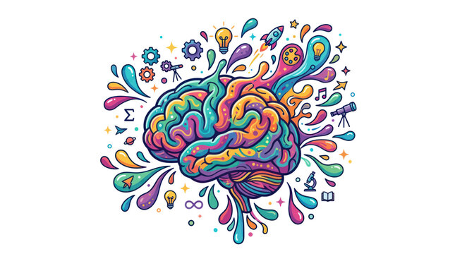 Vibrant human brain with creative and scientific symbols