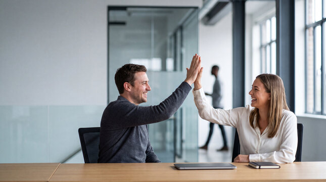 Ambitious businesswoman leading a meeting with confidence and enthusiasm in a modern corporate environment.