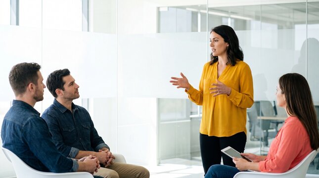 Successful woman collaborating with her team on a creative project in a lively office environment.