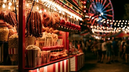 Obraz premium Vibrant Nighttime Carnival Scene with Food Stalls and Ferris Wheel.