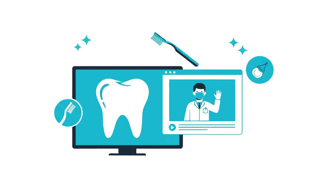 A minimalist flat vector of a tooth icon on a screen with a dentist wearing a mask waving from a video window, floating toothbrush and sparkle icons, cyan and white palette, minimalist flat