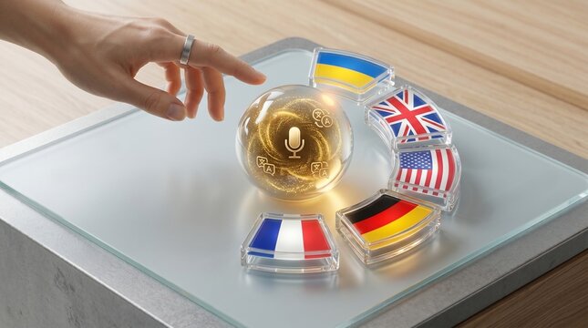 A hand reaches toward a glowing crystal sphere featuring a microphone icon surrounded by international flag buttons for instant voice language translation