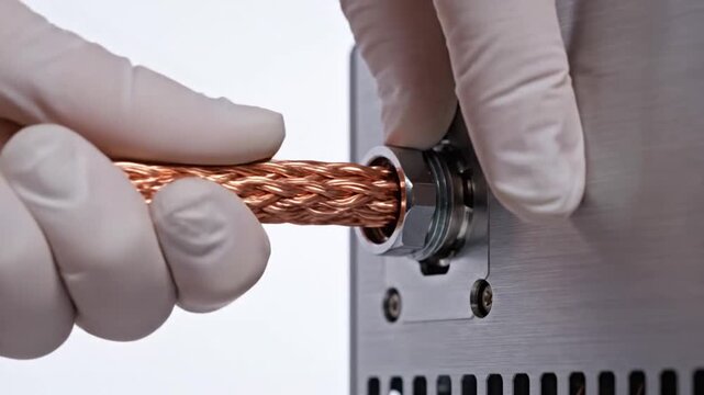 Gloved hands connecting braided copper cable to metal chassis.