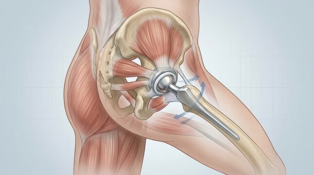 Close-up illustration of a human hip joint with a prosthetic implant