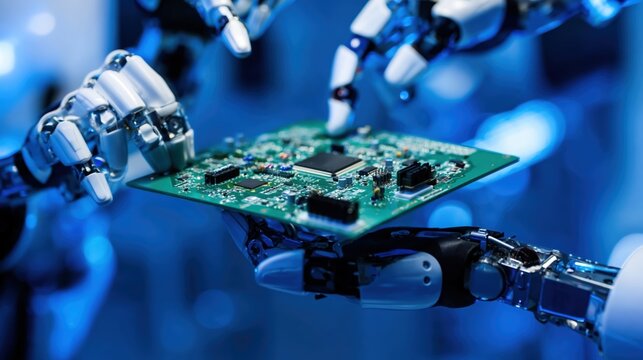 Mechanical robotic hands holding green circuit board in futuristic laboratory with blue neon illumination and blurred background Concept of advanced engineering