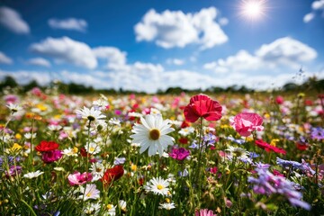 Obraz premium Vivid wildflower meadow bursts with colorful blooms under sunny sky