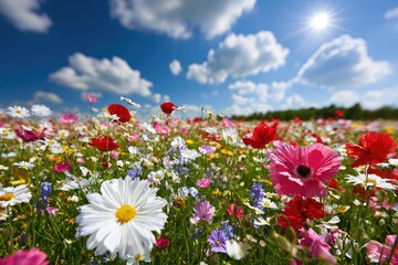 Obraz premium Vibrant field of wildflowers under a bright, sunny sky