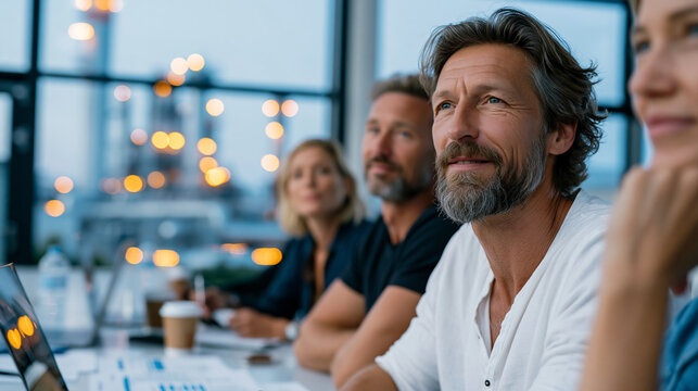 A realistic post-pilot project debrief in an industrial company canteen after hours, four professionals in business casual sitting on one side of a long canteen table with laptops