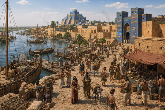 Ancient Babylon City Gate and Ziggurat on Euphrates River Port