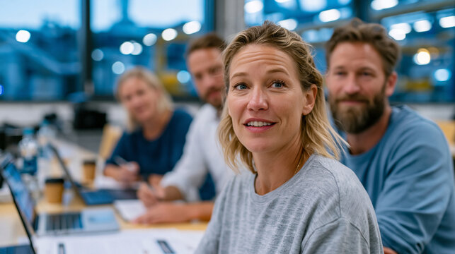 A realistic post-pilot project debrief in an industrial company canteen after hours, four professionals in business casual sitting on one side of a long canteen table with laptops