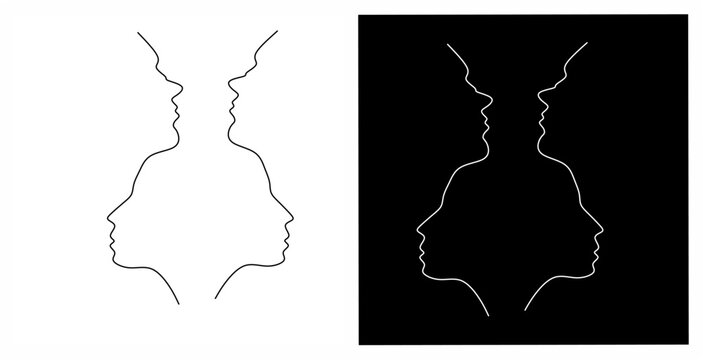 Optical illusion featuring four human face profiles formed by a single symmetrical contour line, illustrating perception, psychology, and visual ambiguity.