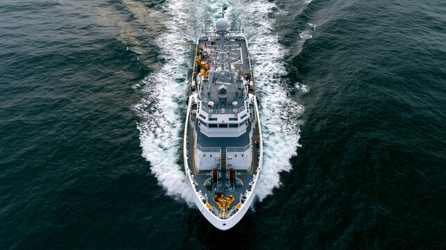 Ultra realistic aerial drone photography of a modern coast guard patrol vessel viewed perfectly overhead, centred in frame, full bow to stern length visible. Cruising at speed acro