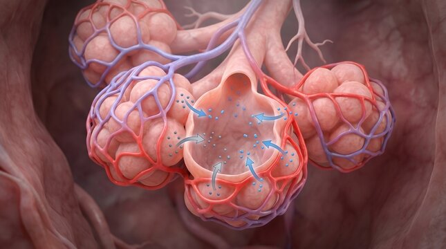 3D Medical Illustration of Alveoli in Human Lungs Showing Gas Exchange and Capillary Network