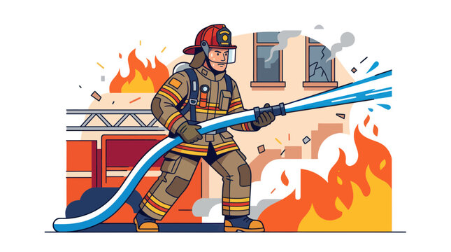 Brave firefighter battling intense flames with a high pressure hose