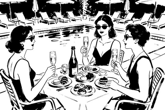 Three women enjoying champagne at poolside
