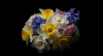 Bouquet of daffodil and hyacinth flowers on black background © Nurbaity