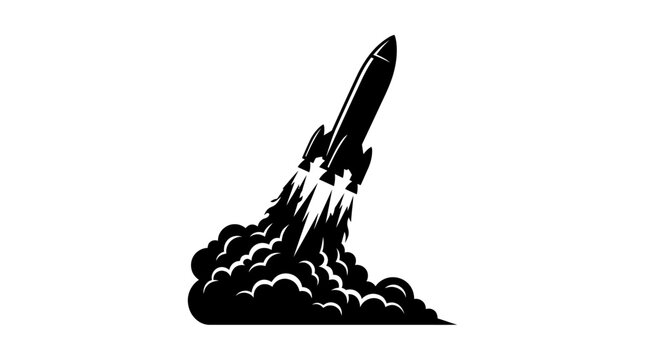 Rocket launch, space exploration, black icon, vector graphic, launchpad blast off