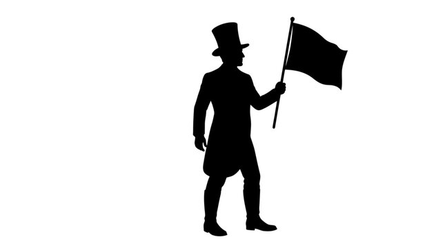 Silhouette man holding flag, black silhouette illustration, flag waving, top hat, protest symbol