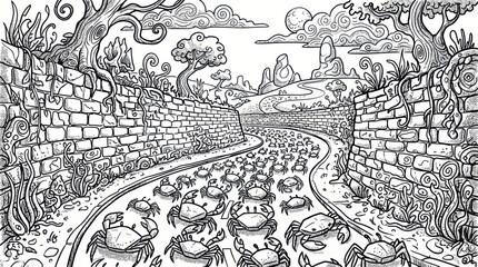 Migration of crabs along a road through a whimsical landscape © viera