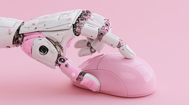 Robot hand holding a pink computer mouse, technology and automation