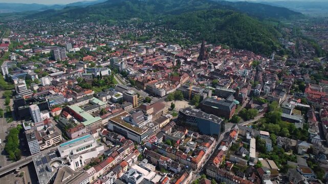 Aerial view beside the old town of the city Freiburg im Breisgau, in Germany on a sunny spring noon
