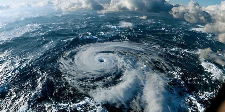 Aerial view of a powerful tropical cyclone swirling over the deep blue ocean