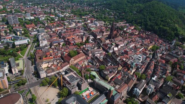 Aerial view beside the old town of the city Freiburg im Breisgau, in Germany on a sunny spring noon